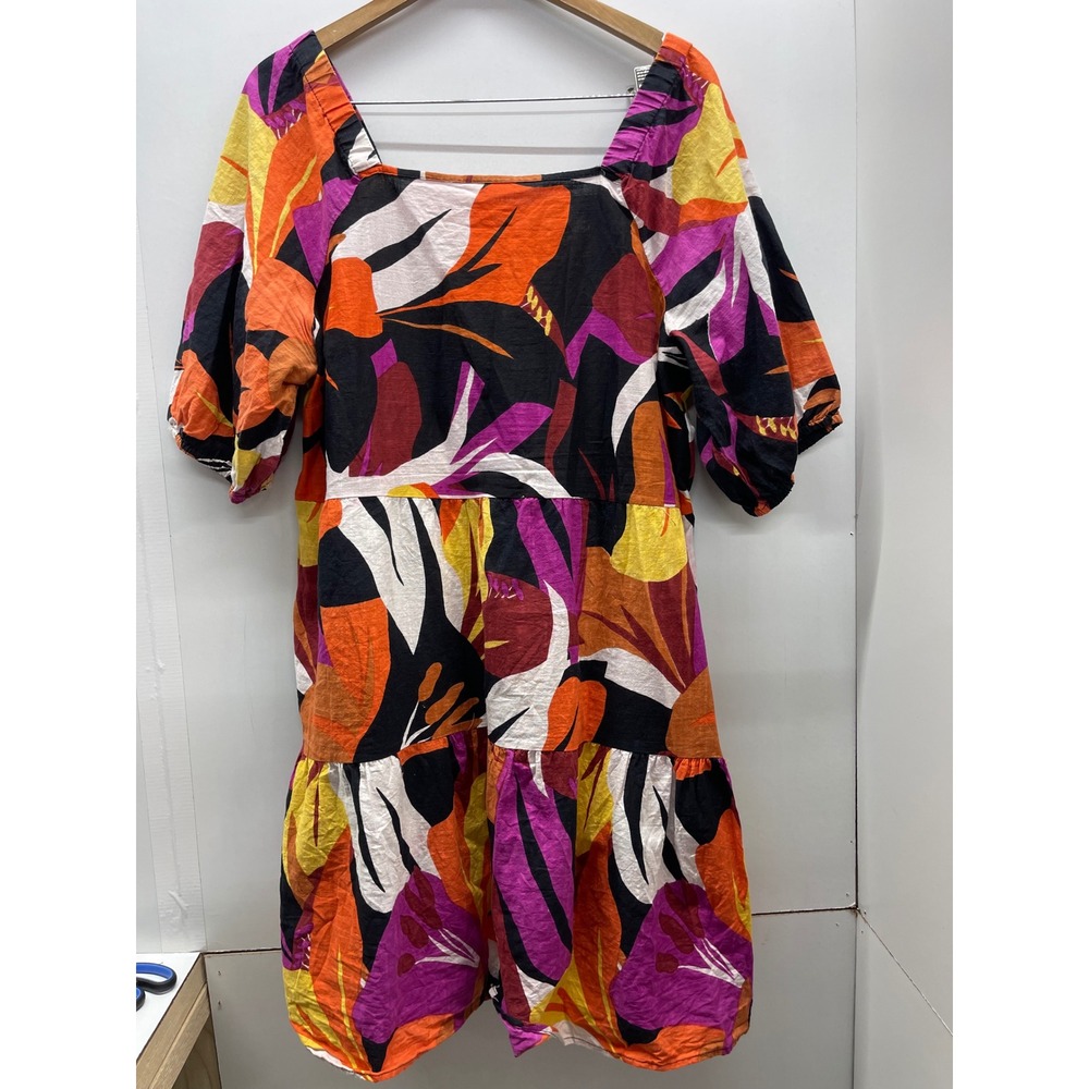 Mlle Gabrielle Womens 2X Tropical Floral Smocked Tiered Mini Dress Puff Sleeve